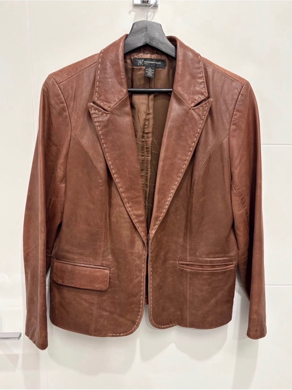 INC International Concepts Chestnut Brown Leather Blazer Jacket